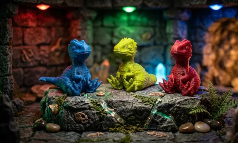 Kolorowe figurki dinozaurów na makiecie lochu do gry