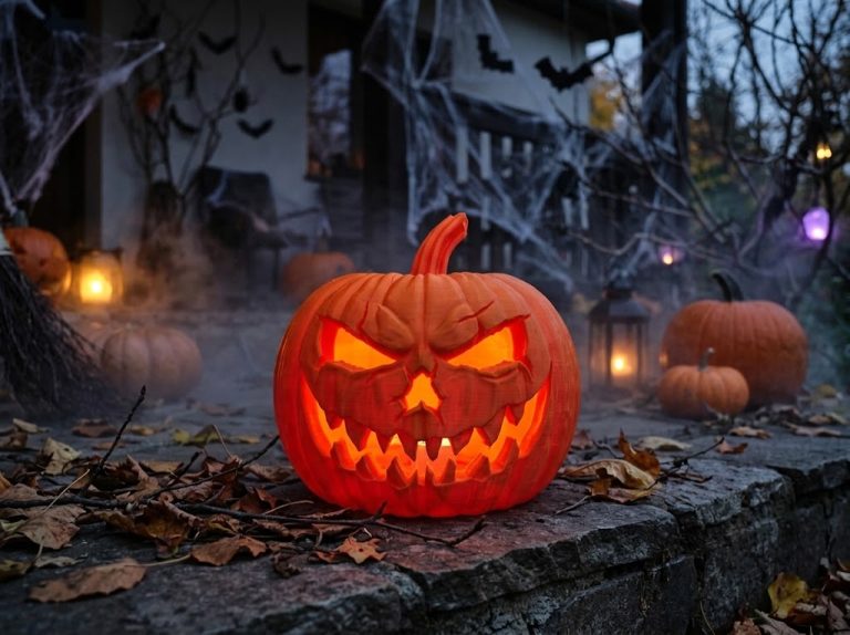 Świecąca pomarańczowa dynia z druku 3D na murku w halloweenowej scenerii