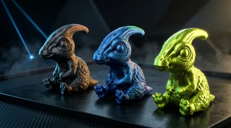 Trzy figurki dinozaurów z grzebieniem w kolorach czarnym, niebieskim i zielonym