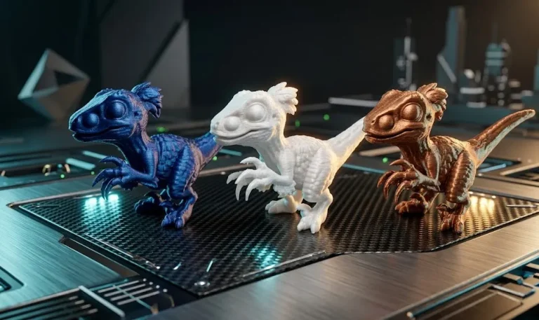 Trzy figurki raptorów w kolorach niebieskim, białym i miedzianym na futurystycznej podstawie